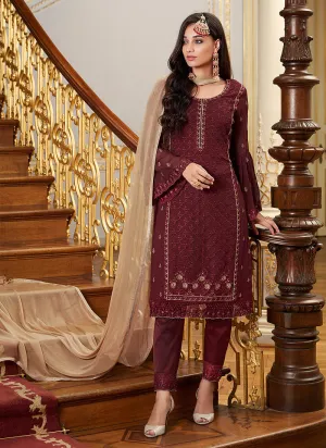Maroon Golden Embroidery Pakistani Pant Suit