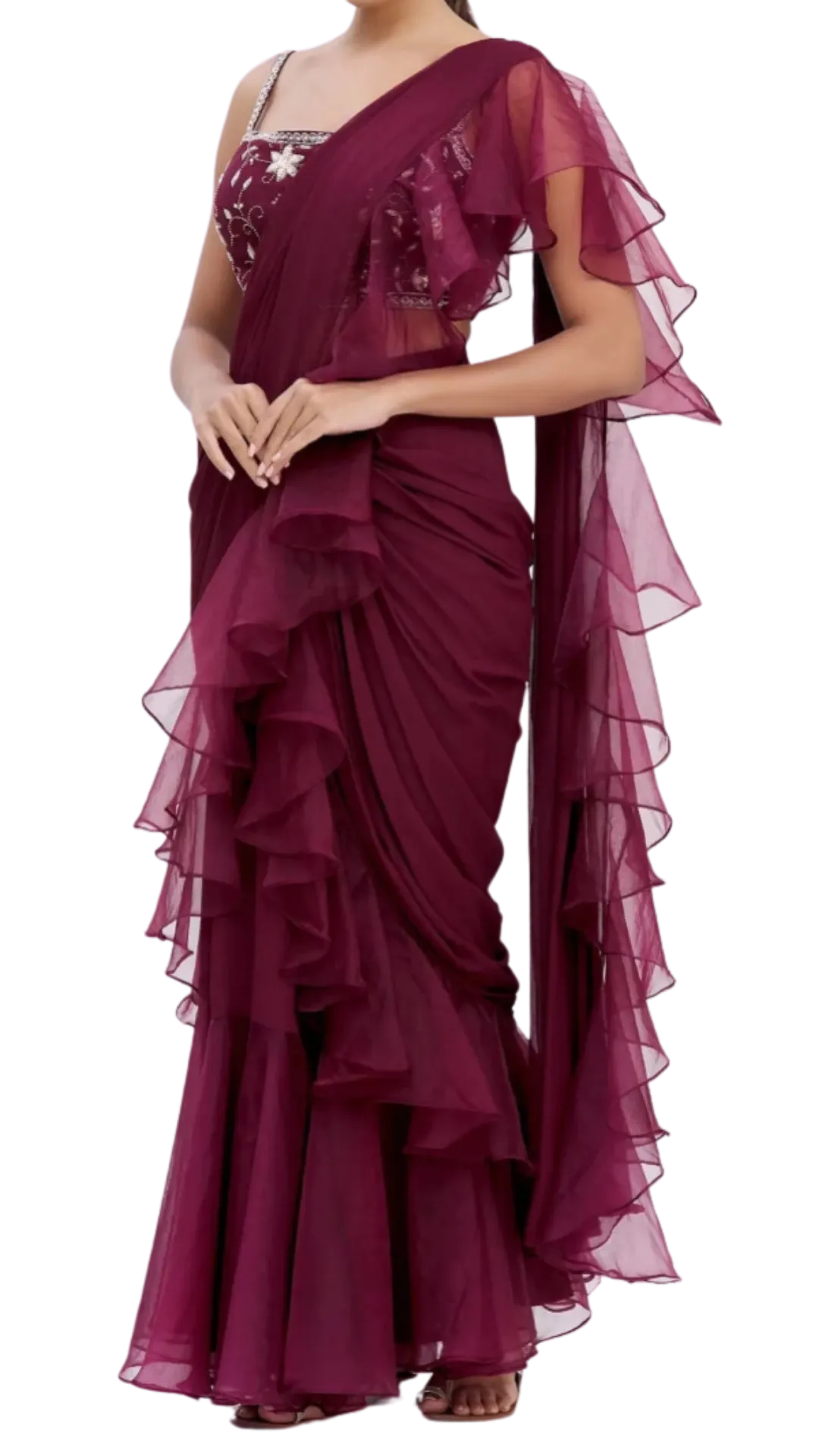 Maroon Ruffle Draped Sari Set