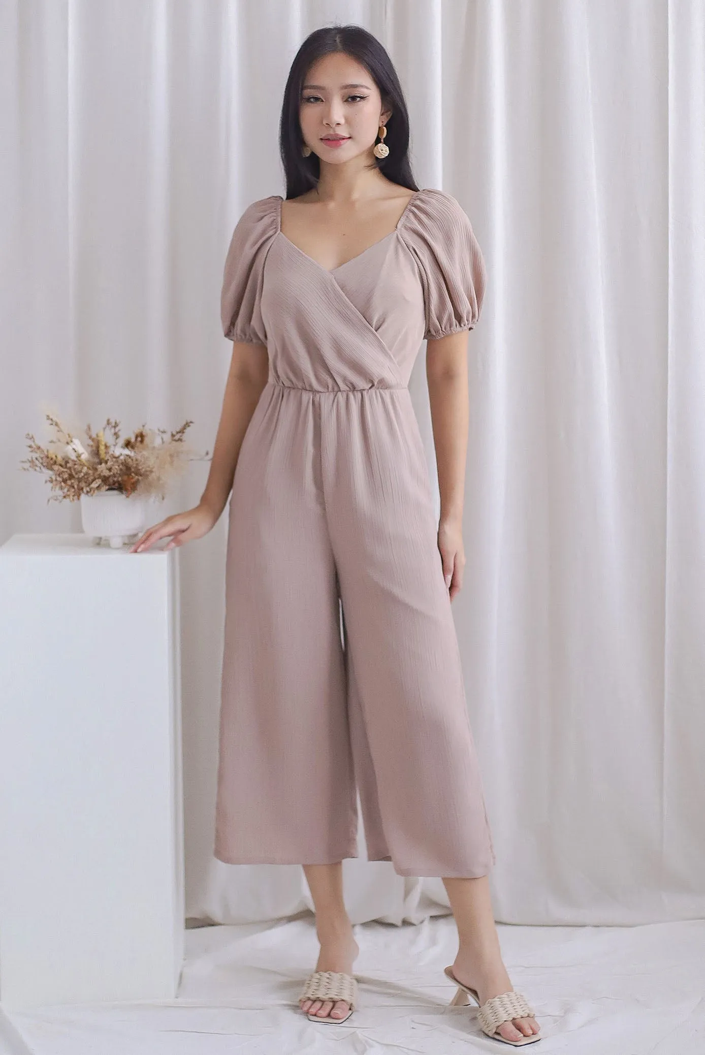 Matilda Puffy Sleeve Overlap Jumpsuit In Taupe