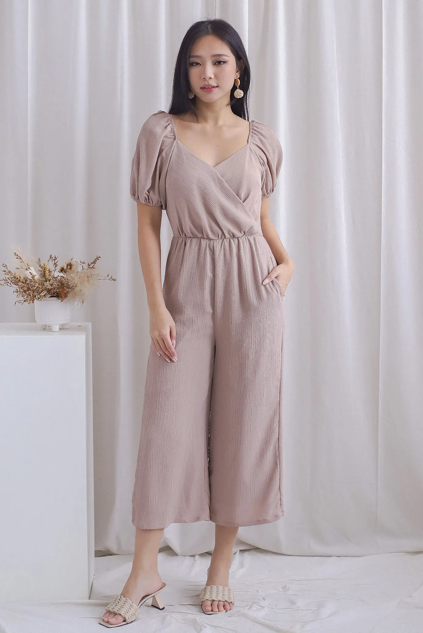 Matilda Puffy Sleeve Overlap Jumpsuit In Taupe