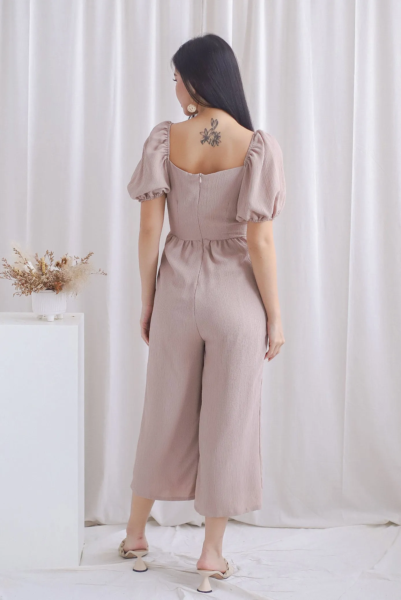 Matilda Puffy Sleeve Overlap Jumpsuit In Taupe