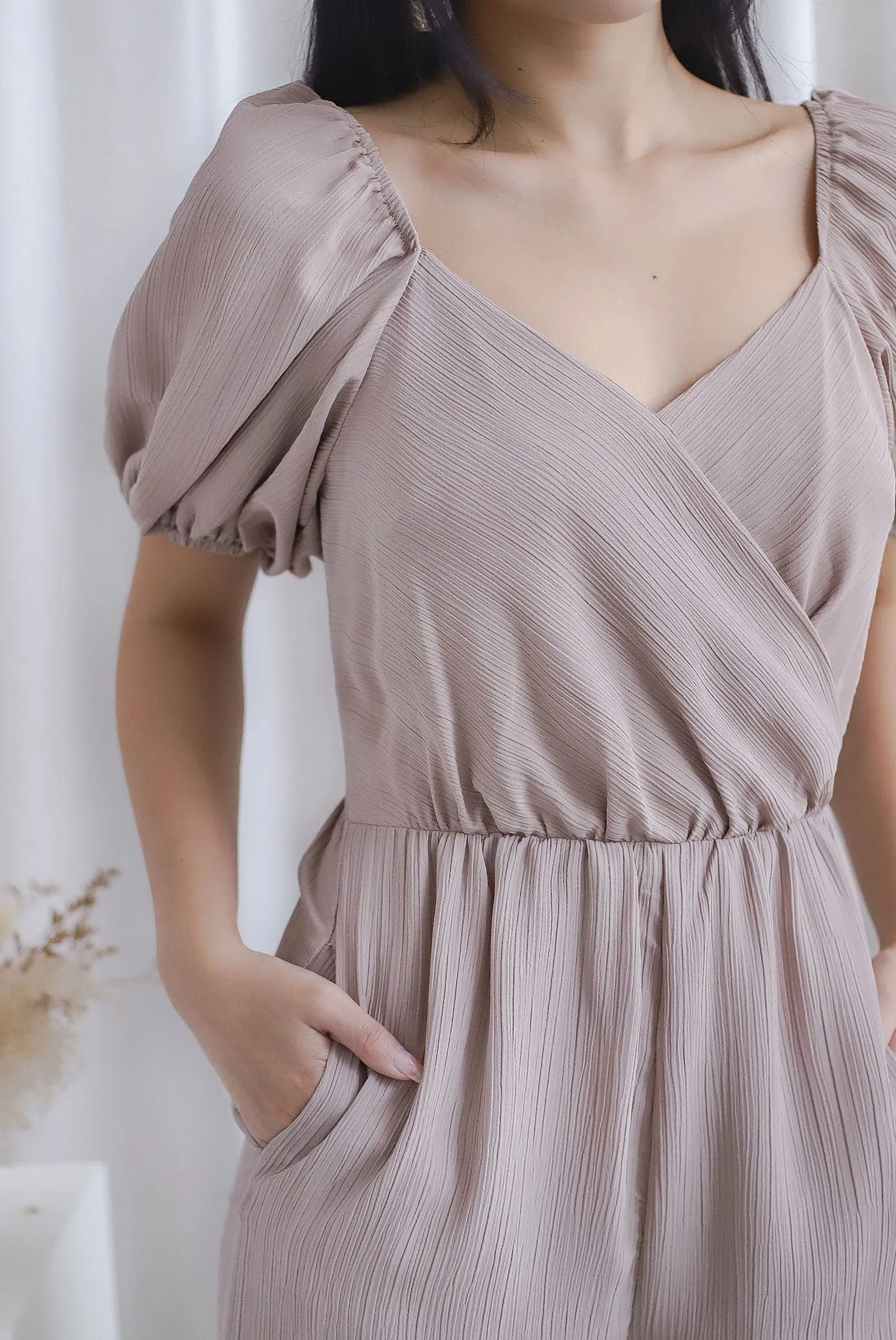 Matilda Puffy Sleeve Overlap Jumpsuit In Taupe