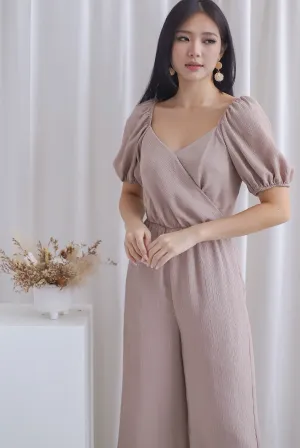 Matilda Puffy Sleeve Overlap Jumpsuit In Taupe