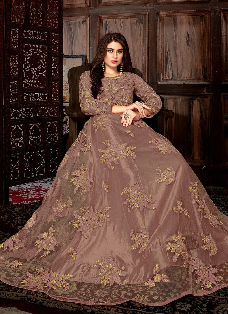 Mauve Bunch Embroidered Net Anarkali Suit