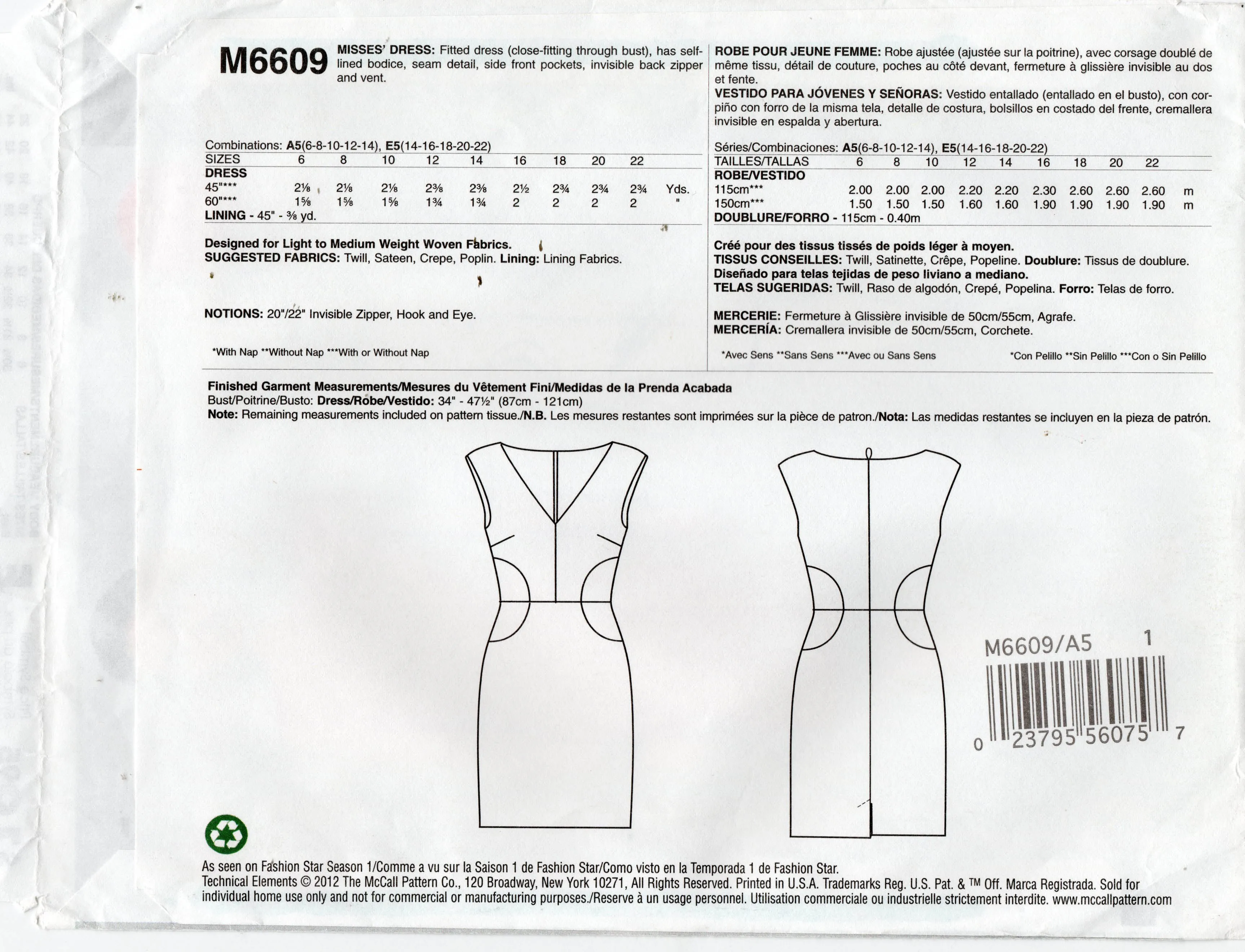 McCall's M6609 FASHION STAR Womens Fitted Dress Out Of Print Sewing Pattern Sizes 6 - 14 UNCUT Factory Folded