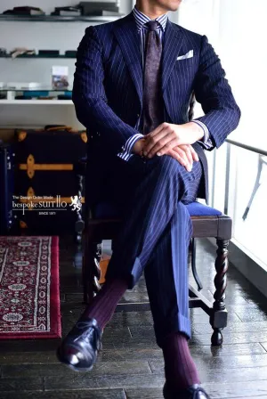 Men's Dark Navy Blue Stripe 2 Piece Up To 6XL(Jacket, Pants)