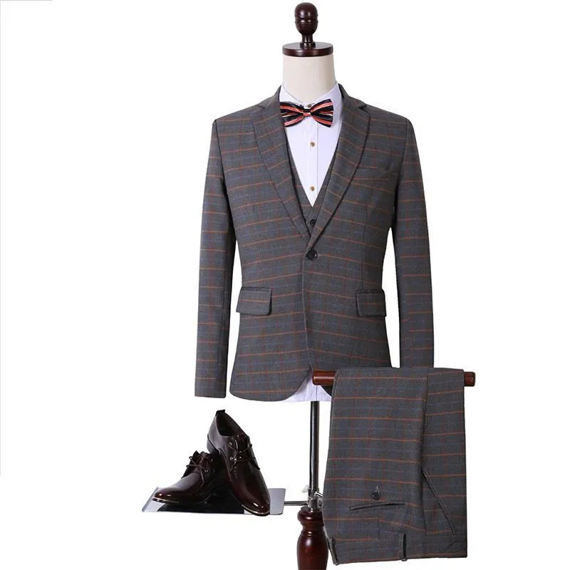 Men's Fashion Dark Grey/Brown 3 Piece Suit Up To 3XL