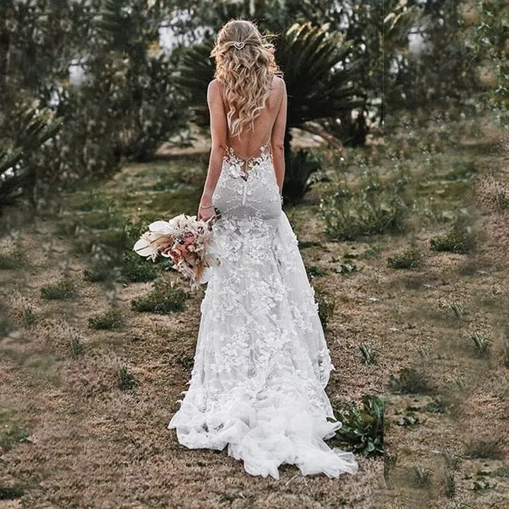 Mermaid Bohemian Lace Illusion V-Neck Wedding Dress