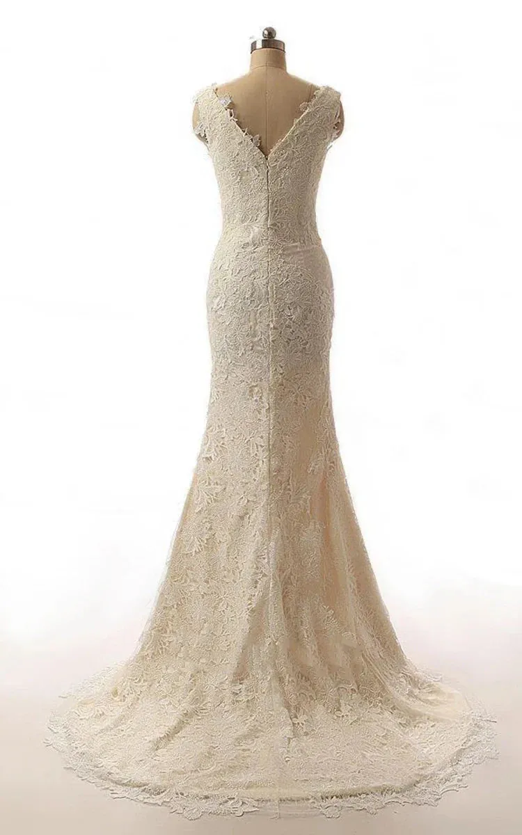 Mermaid Cap Sleeve Sweep Train Lace Weddig Dress