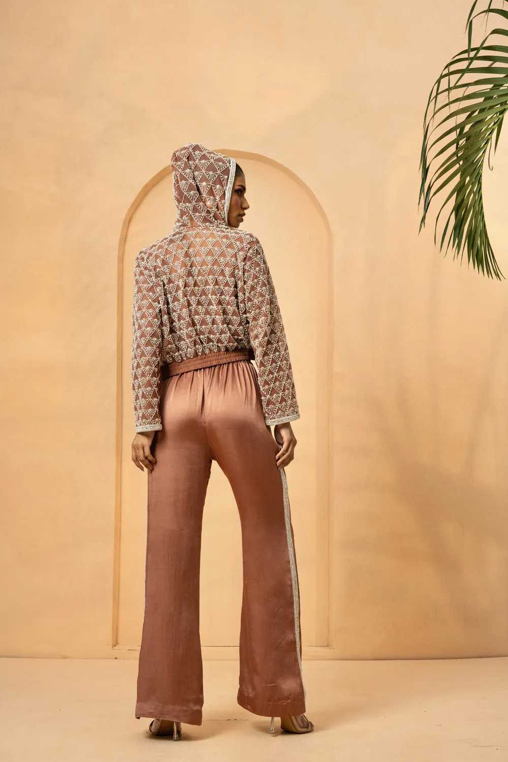 Mettalic Rose Gold Embroidered Co-Ord Set With Hoodie