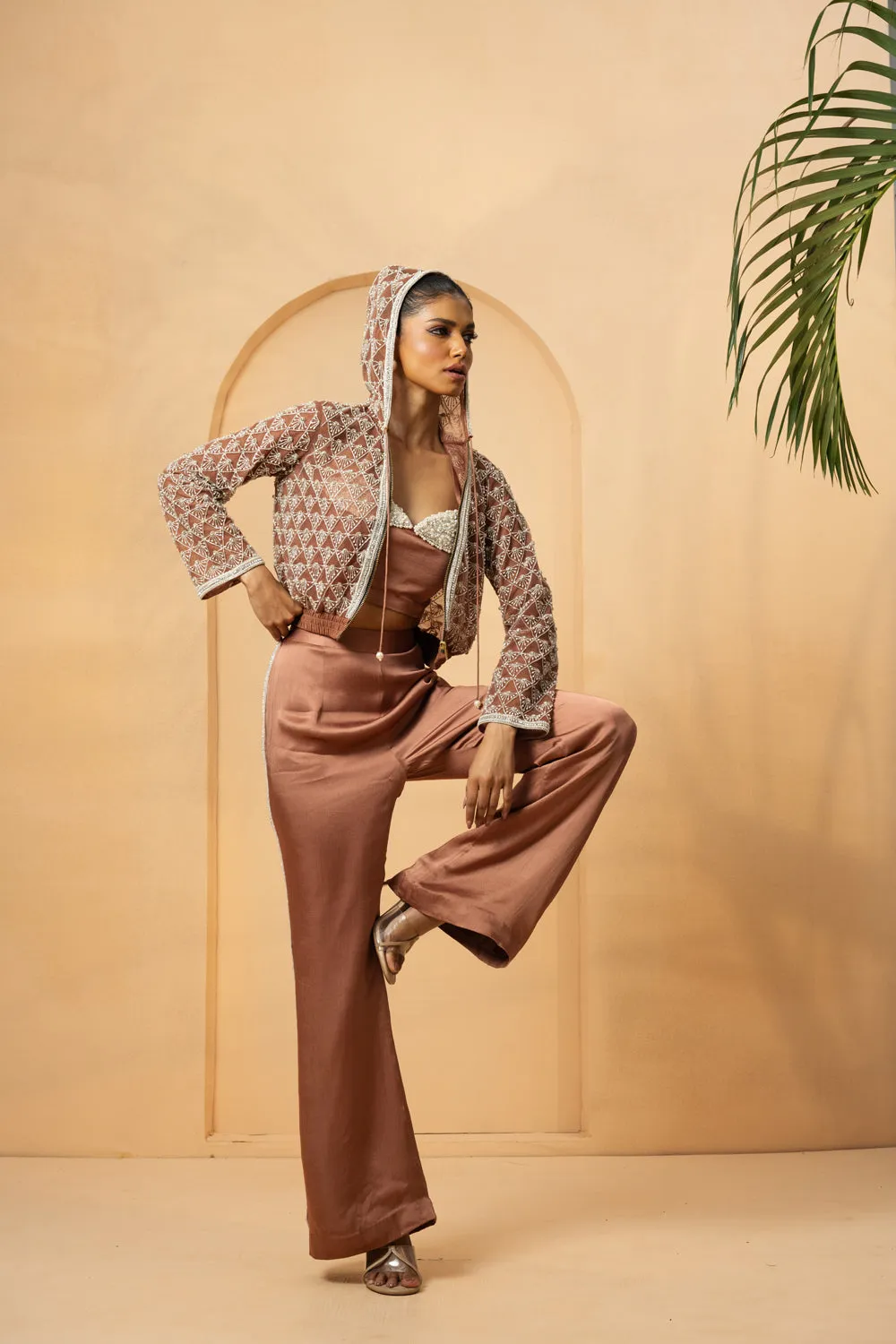 Mettalic Rose Gold Embroidered Co-Ord Set With Hoodie