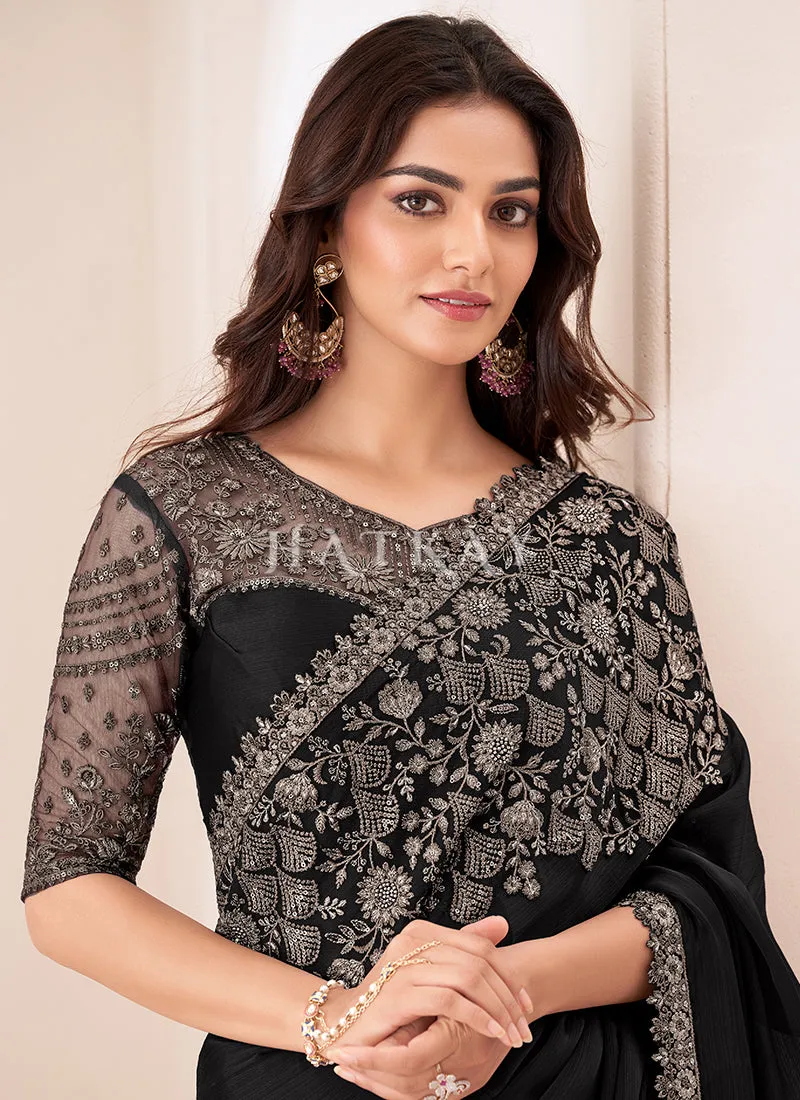 Midnight Black Embroidery Silk Saree