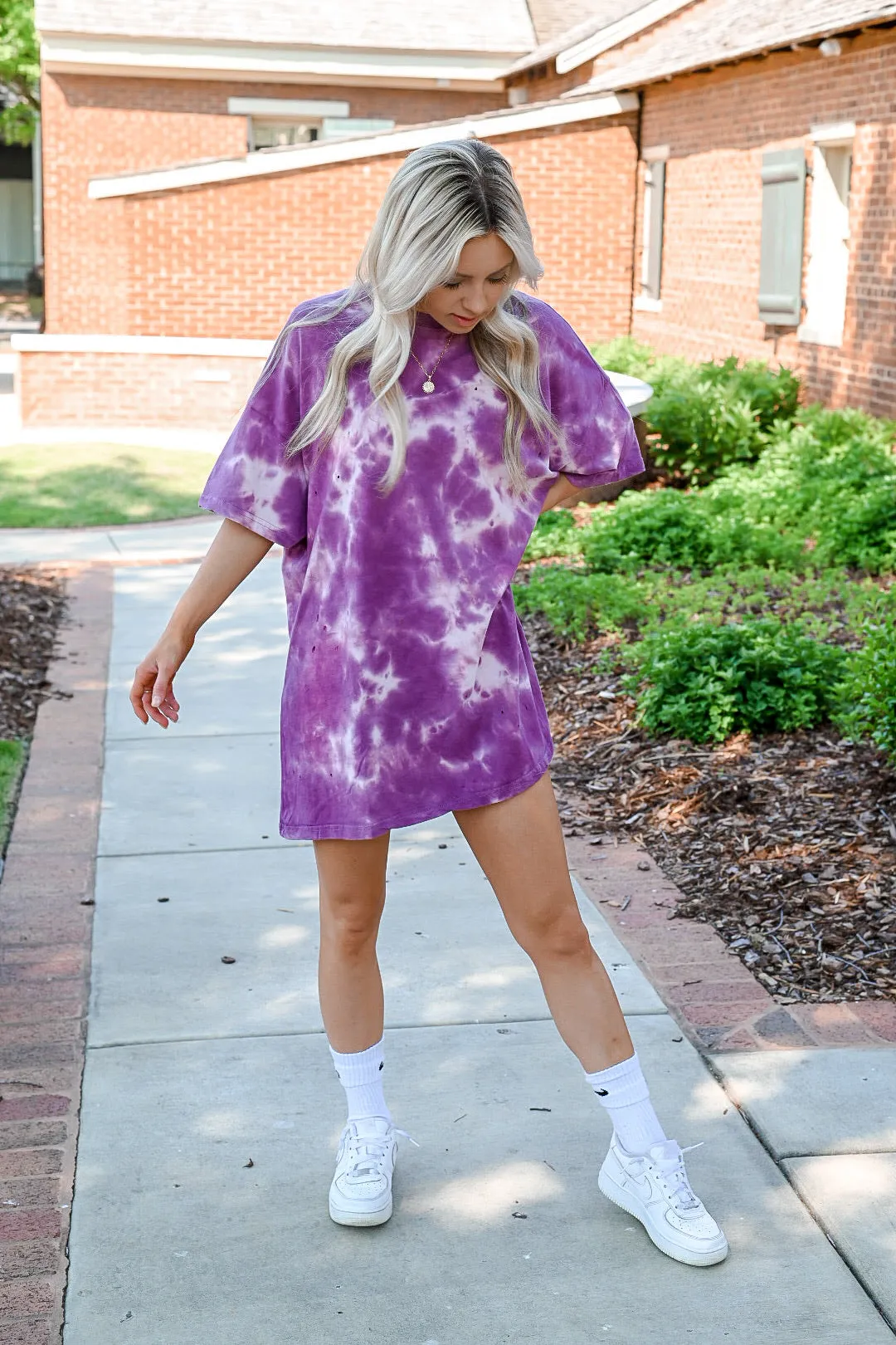 Millie Distressed t-shirt Dress- Tie Purple