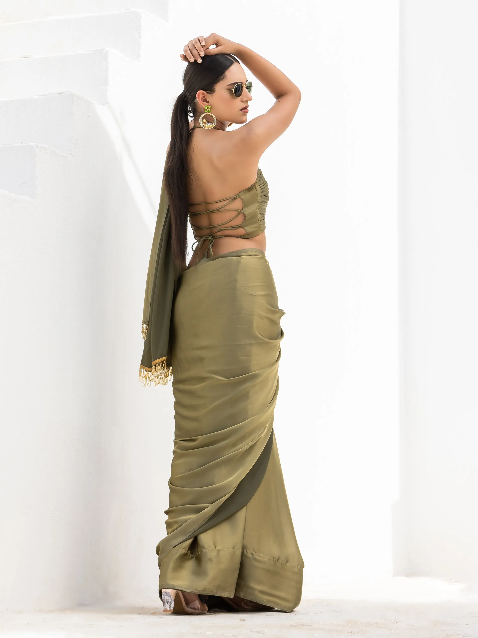 Moss Olive Green Dual Shade Satin Saree with Blouse Fabric