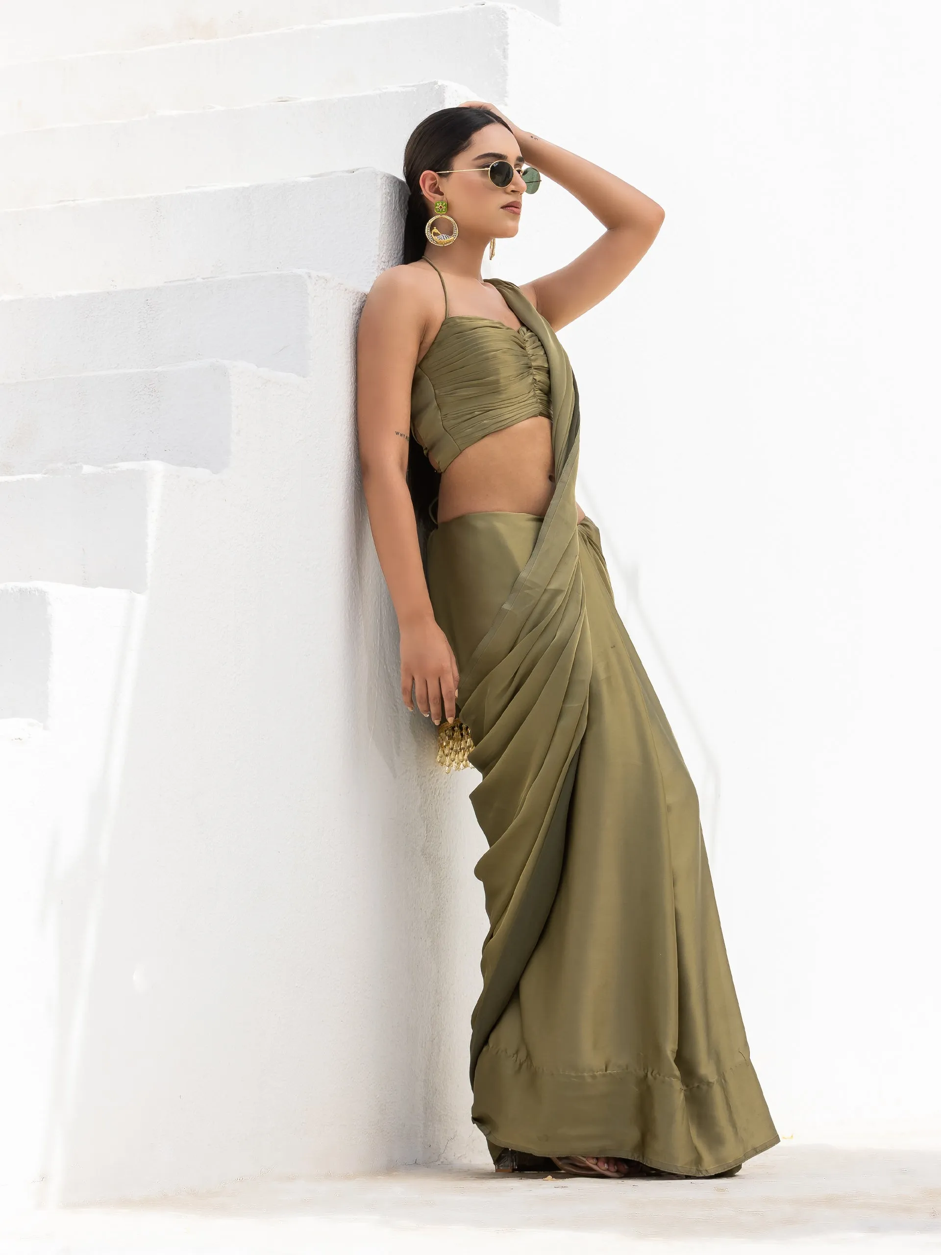 Moss Olive Green Dual Shade Satin Saree with Blouse Fabric