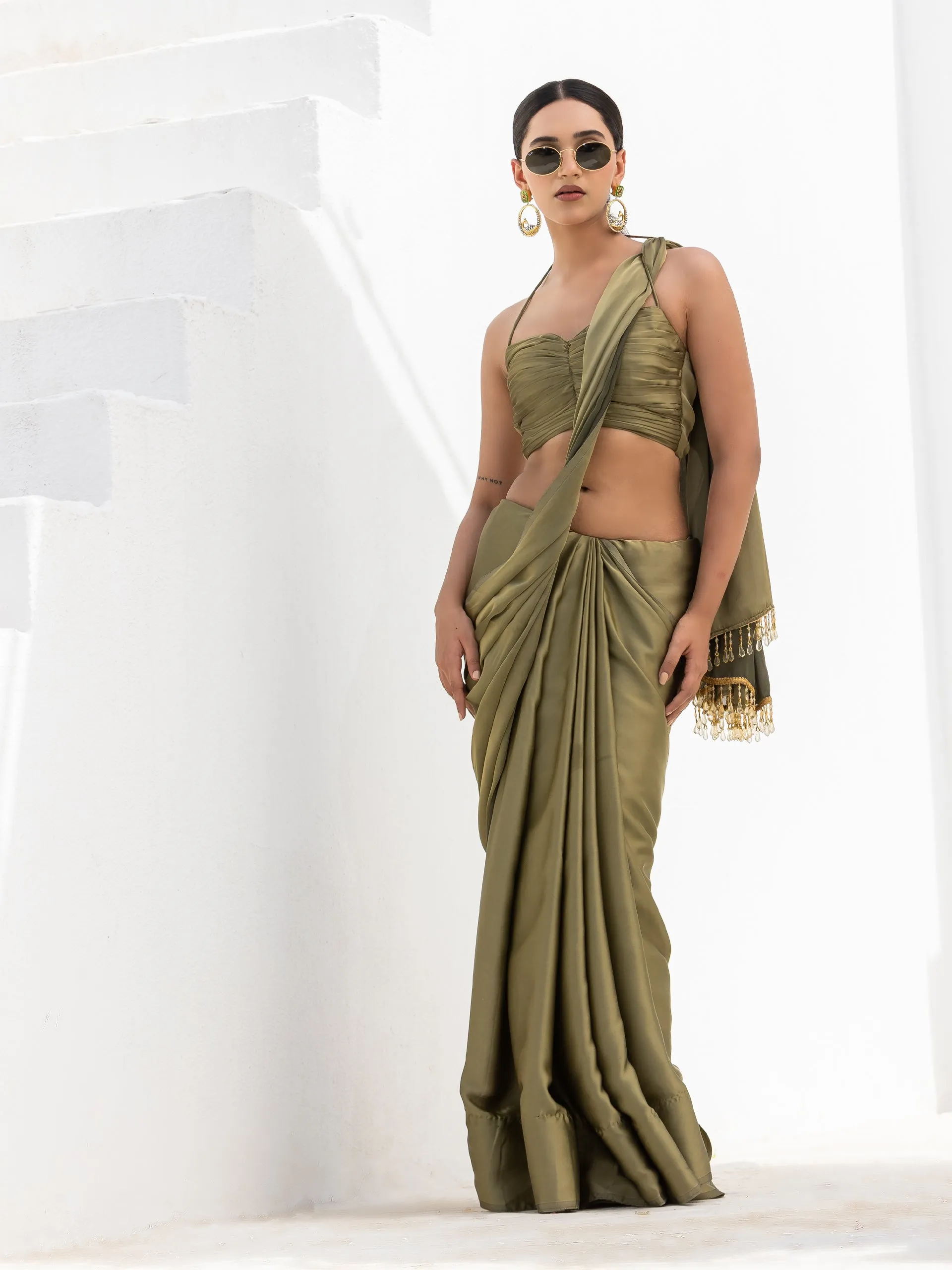 Moss Olive Green Dual Shade Satin Saree with Blouse Fabric