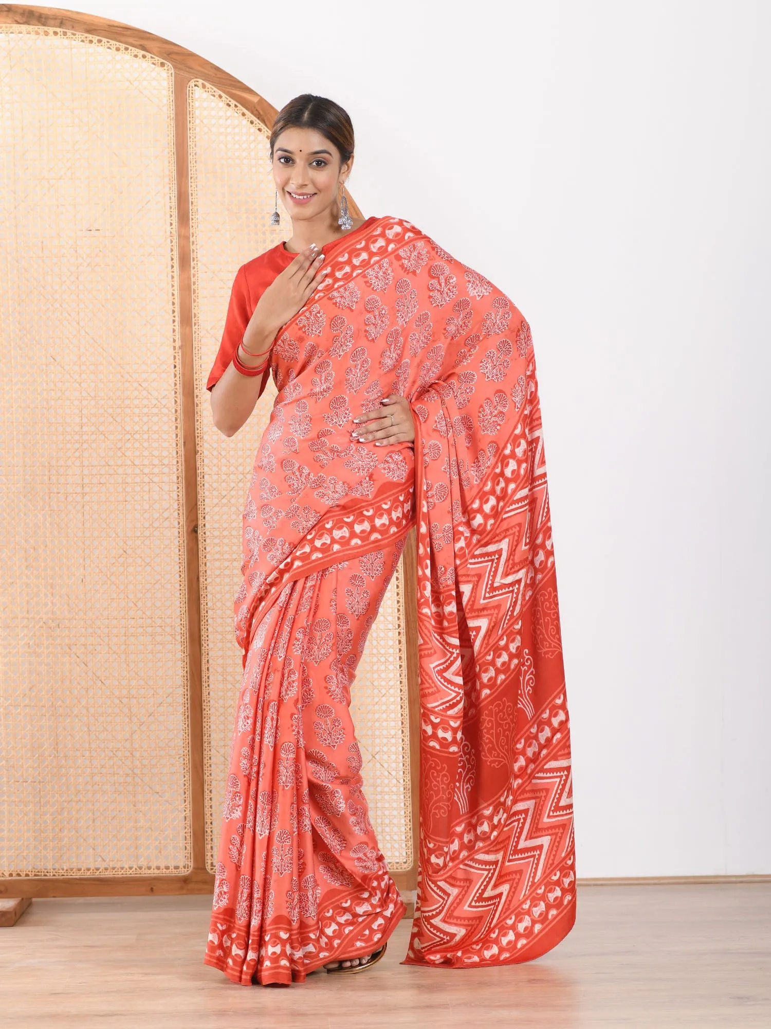 MULMUL FUSION CORAL-RED BLOCK PRINTED MODAL SATIN SAREE