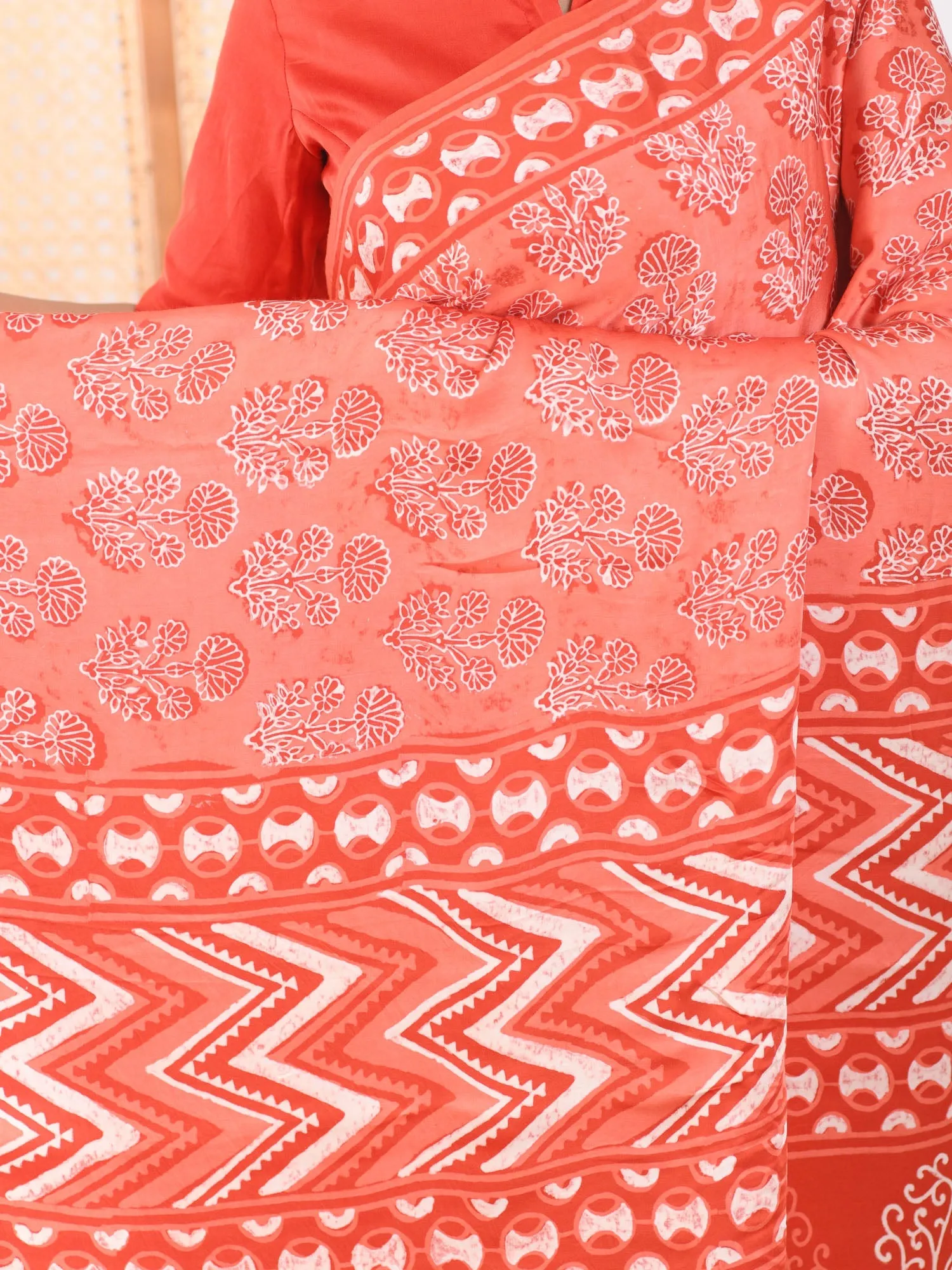 MULMUL FUSION CORAL-RED BLOCK PRINTED MODAL SATIN SAREE