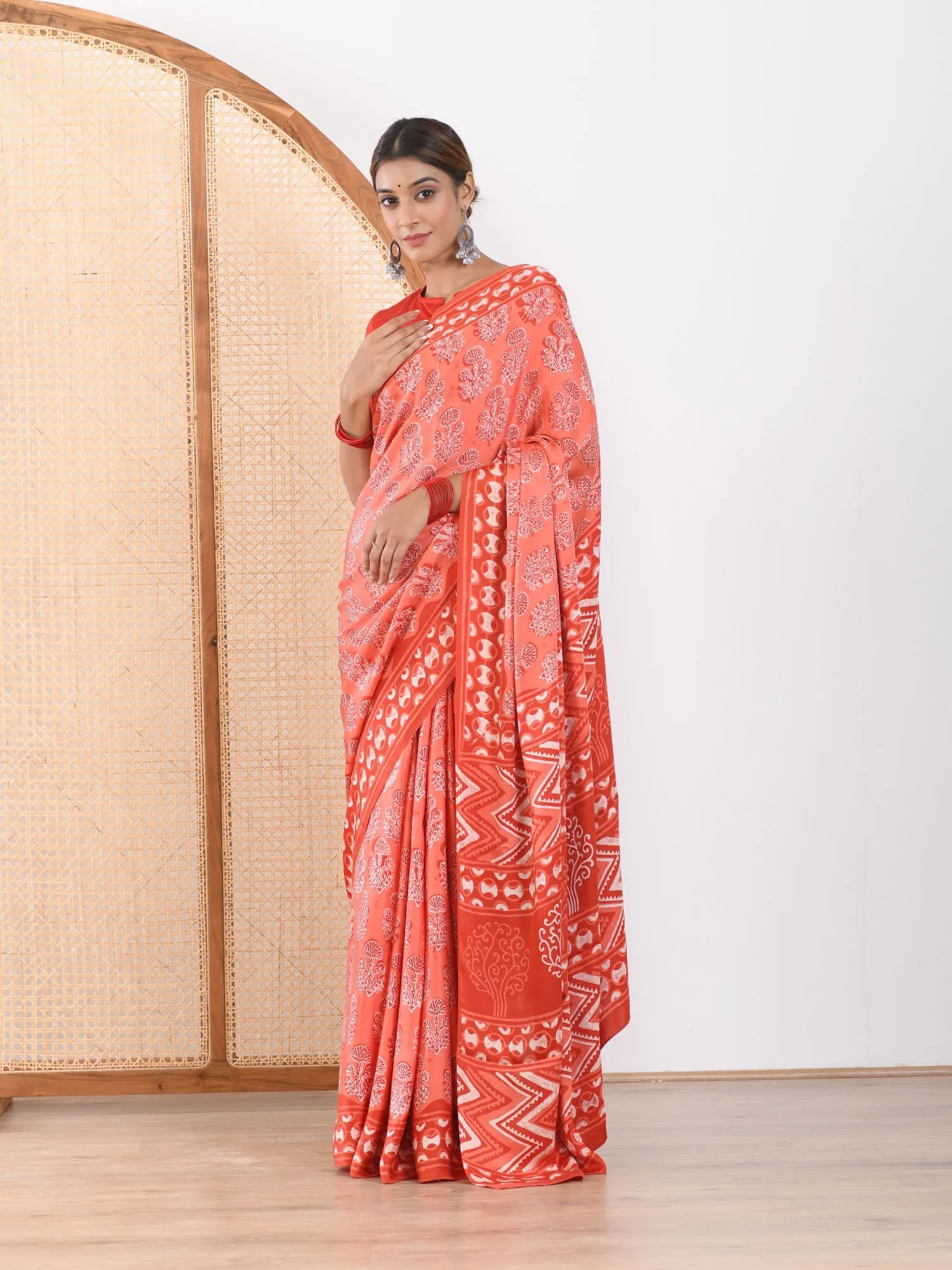 MULMUL FUSION CORAL-RED BLOCK PRINTED MODAL SATIN SAREE
