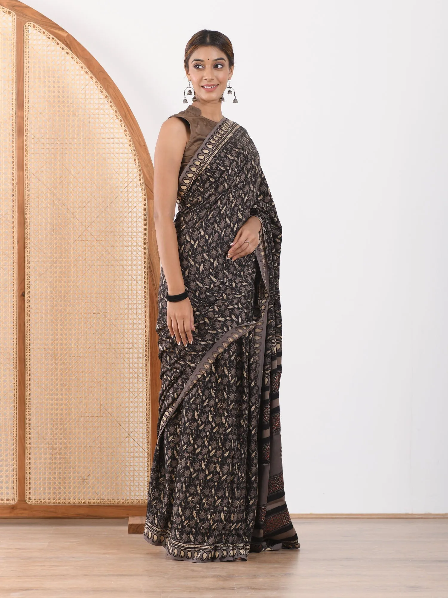 MULMUL MALANDRA BLOCK PRINTED MODAL SATIN SAREE