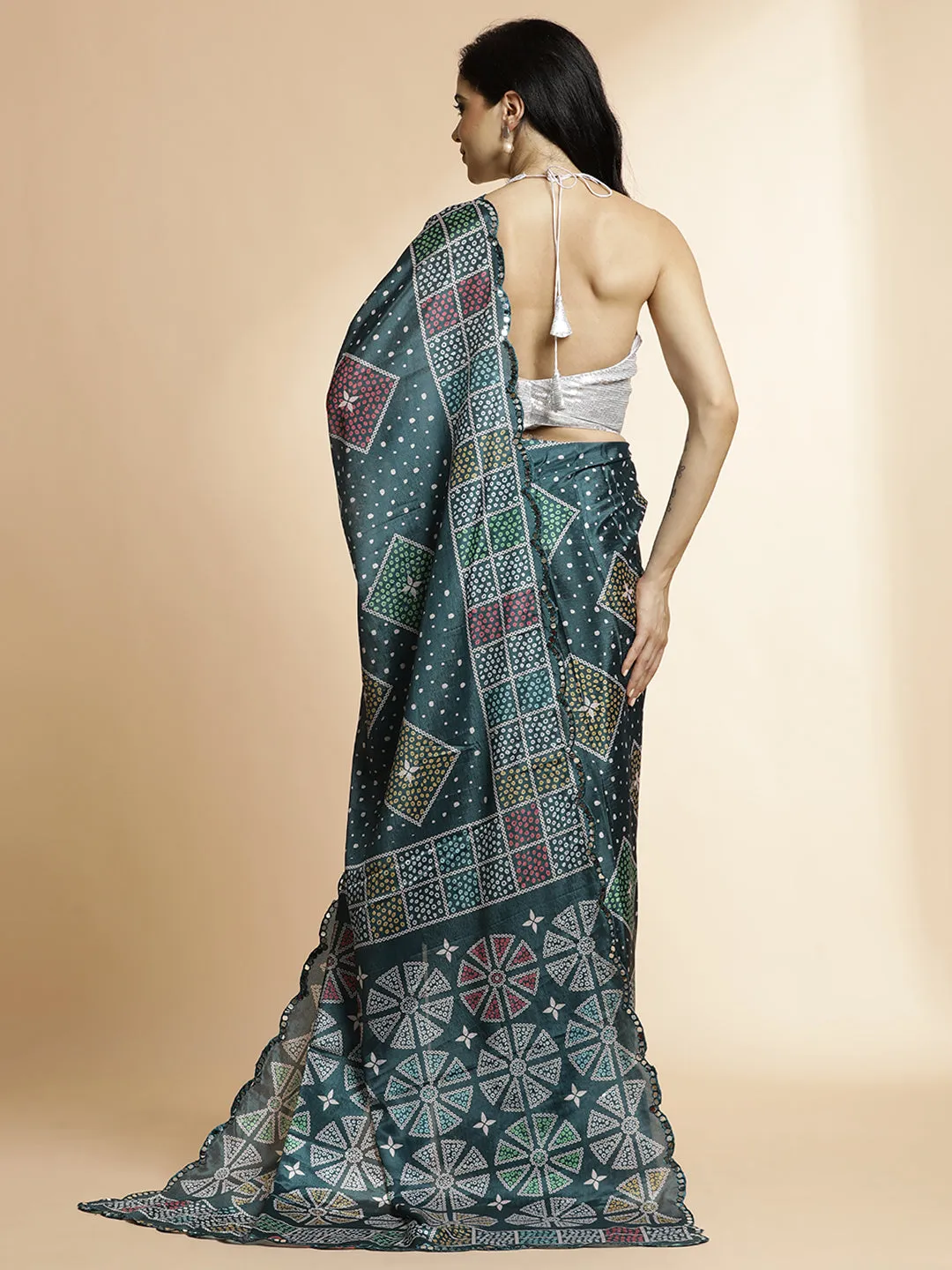 Multicolor Geometric Printed Mirror Work Satin Saree
