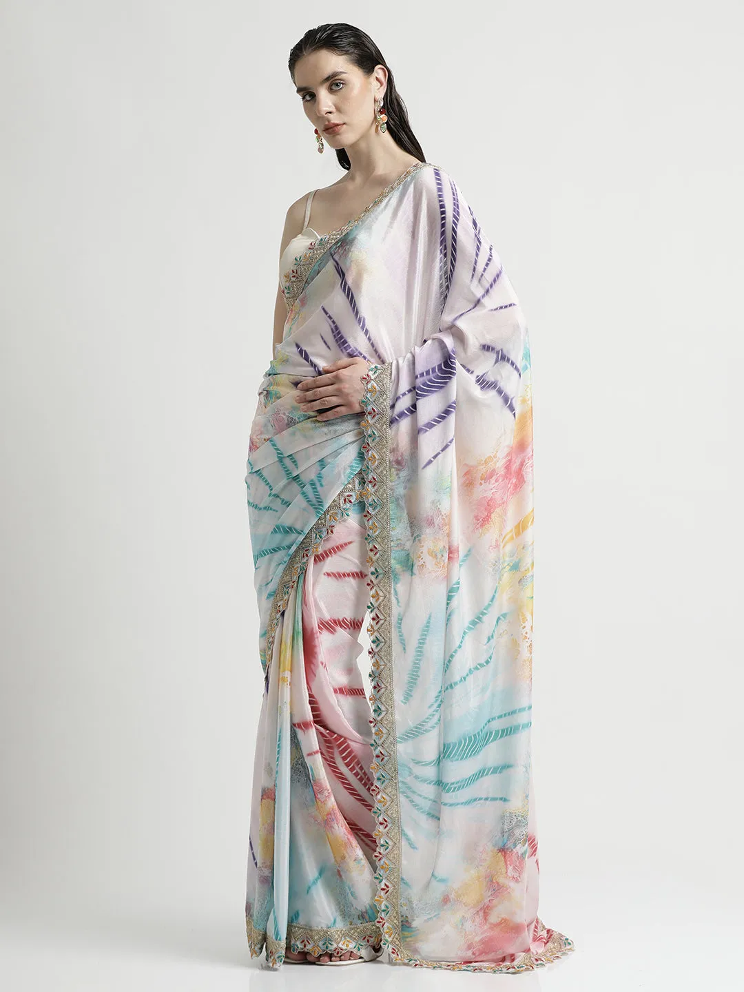 Multicolor Tie-Dye Satin Saree