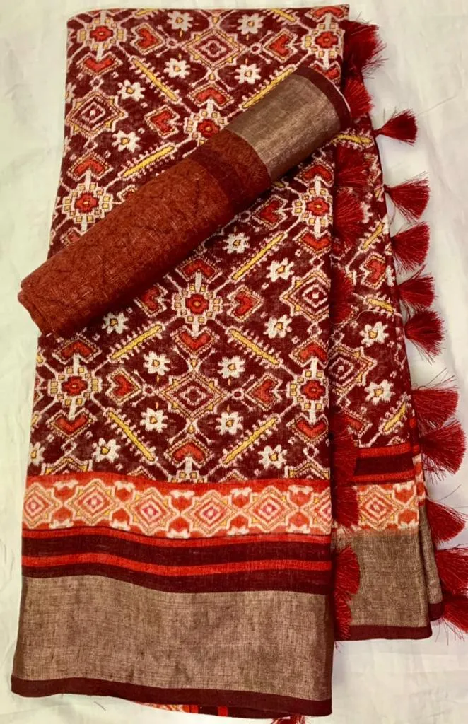 Multicolour Linen Saree In Patola Print