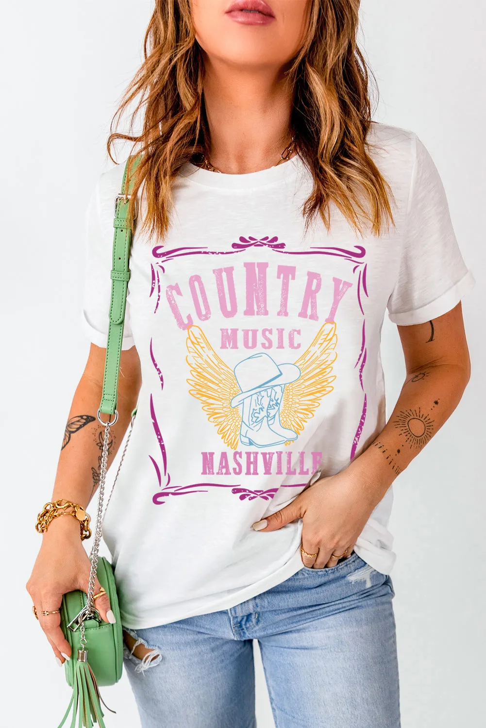 MUSIC CITY Guitar Graphic Print Crew Neck T Shirt