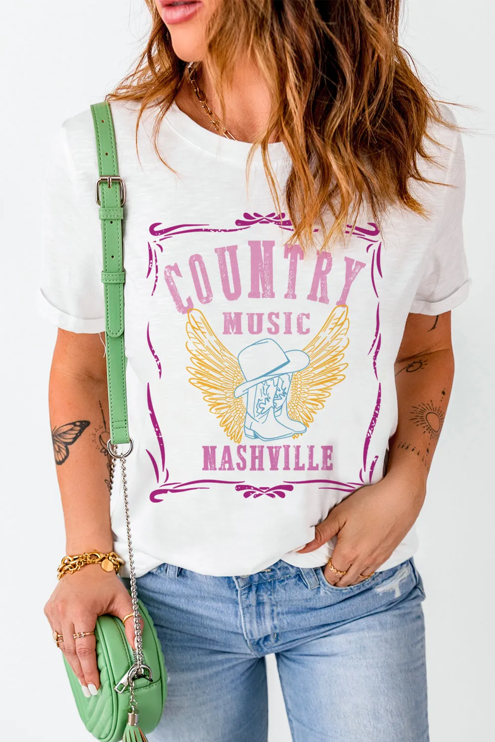 MUSIC CITY Guitar Graphic Print Crew Neck T Shirt