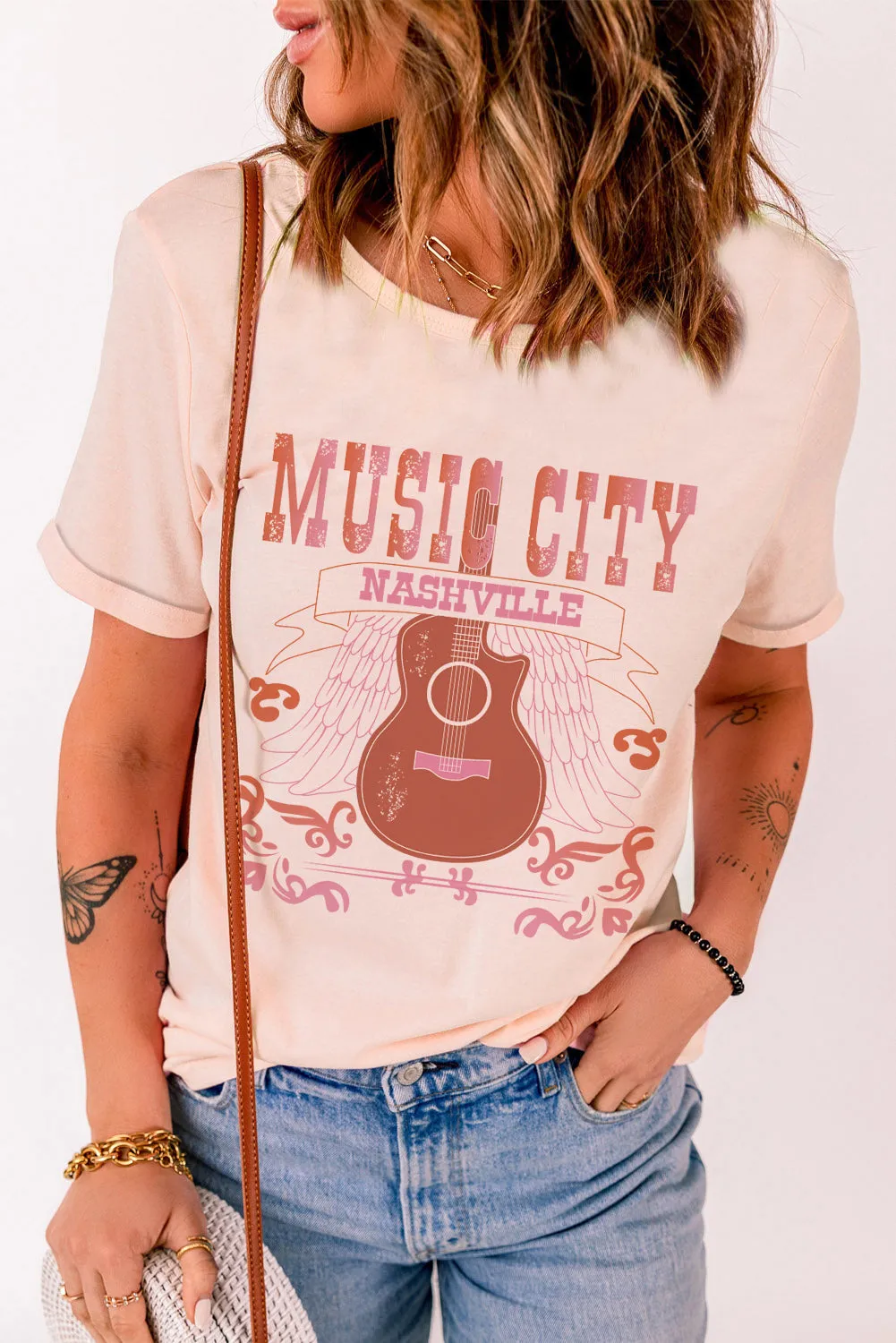 MUSIC CITY Guitar Graphic Print Crew Neck T Shirt