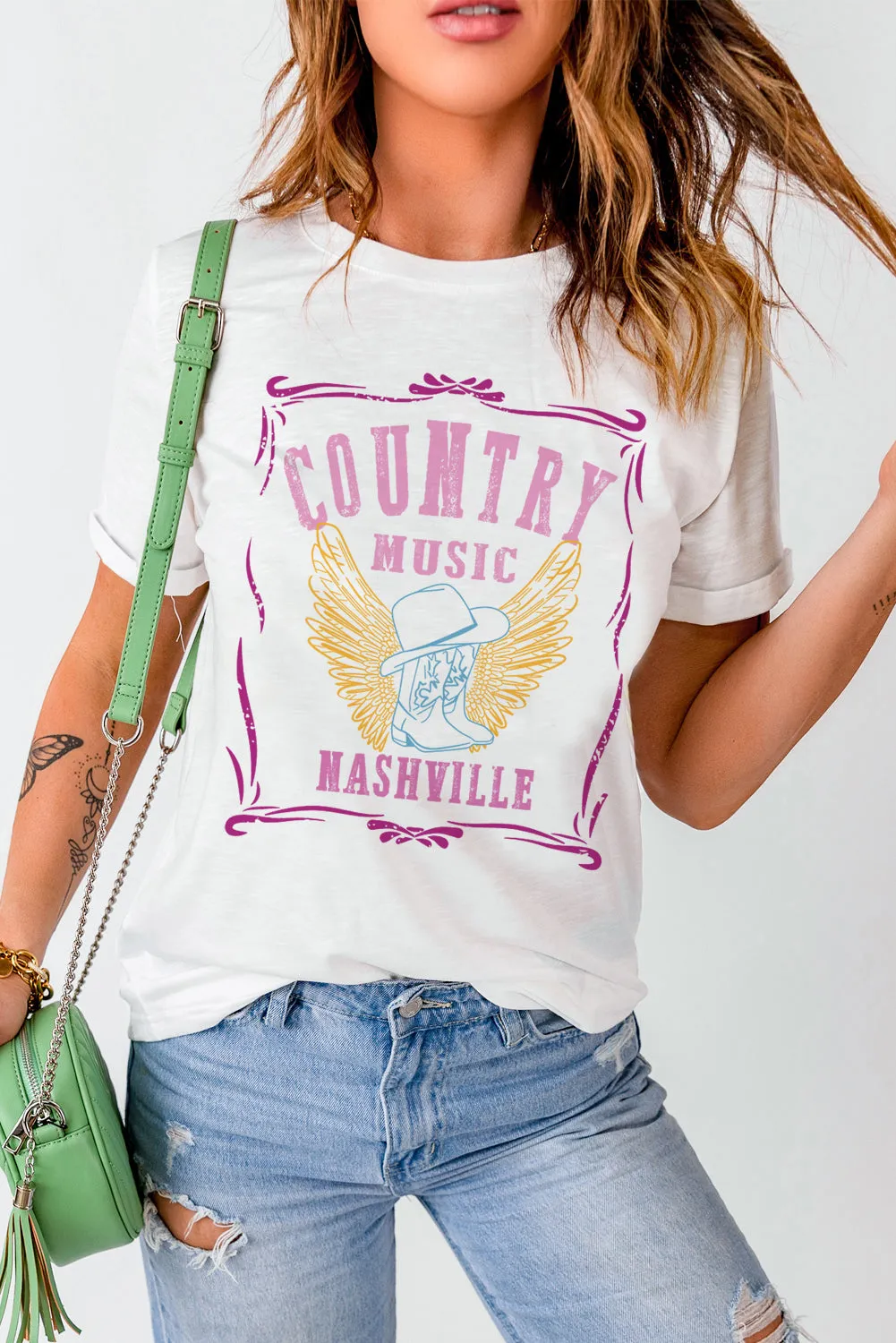 MUSIC CITY Guitar Graphic Print Crew Neck T Shirt