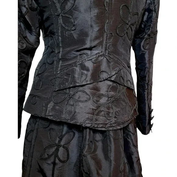 NABI Women's Embroidered Floral Taffeta Suit Skirt Set Black Jacket Full Skirt