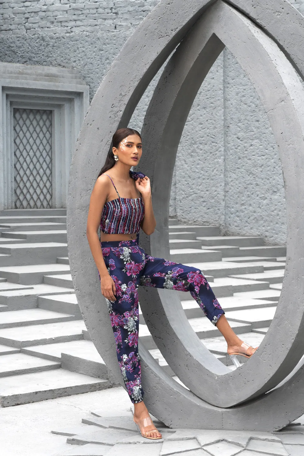 Navy Blue Printed Pant Suit