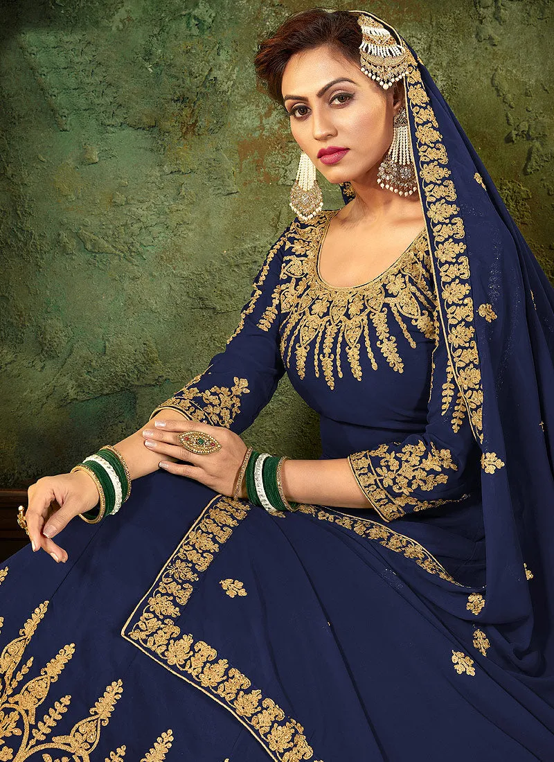 Navy Blue Zari Embroidered Designer Anarkali Suit