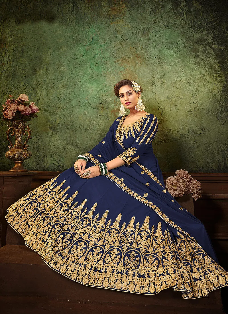 Navy Blue Zari Embroidered Designer Anarkali Suit