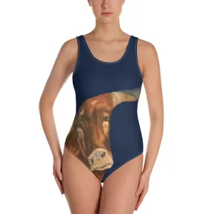 Navy One-Piece Swimsuit with Longhorn