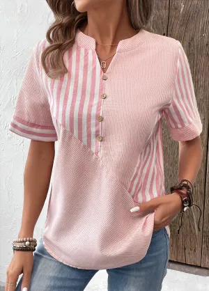 New Pink Patchwork Striped Short Sleeve Split Neck Blouse Linen like material, Sz 2X Retails $45  (Copy)