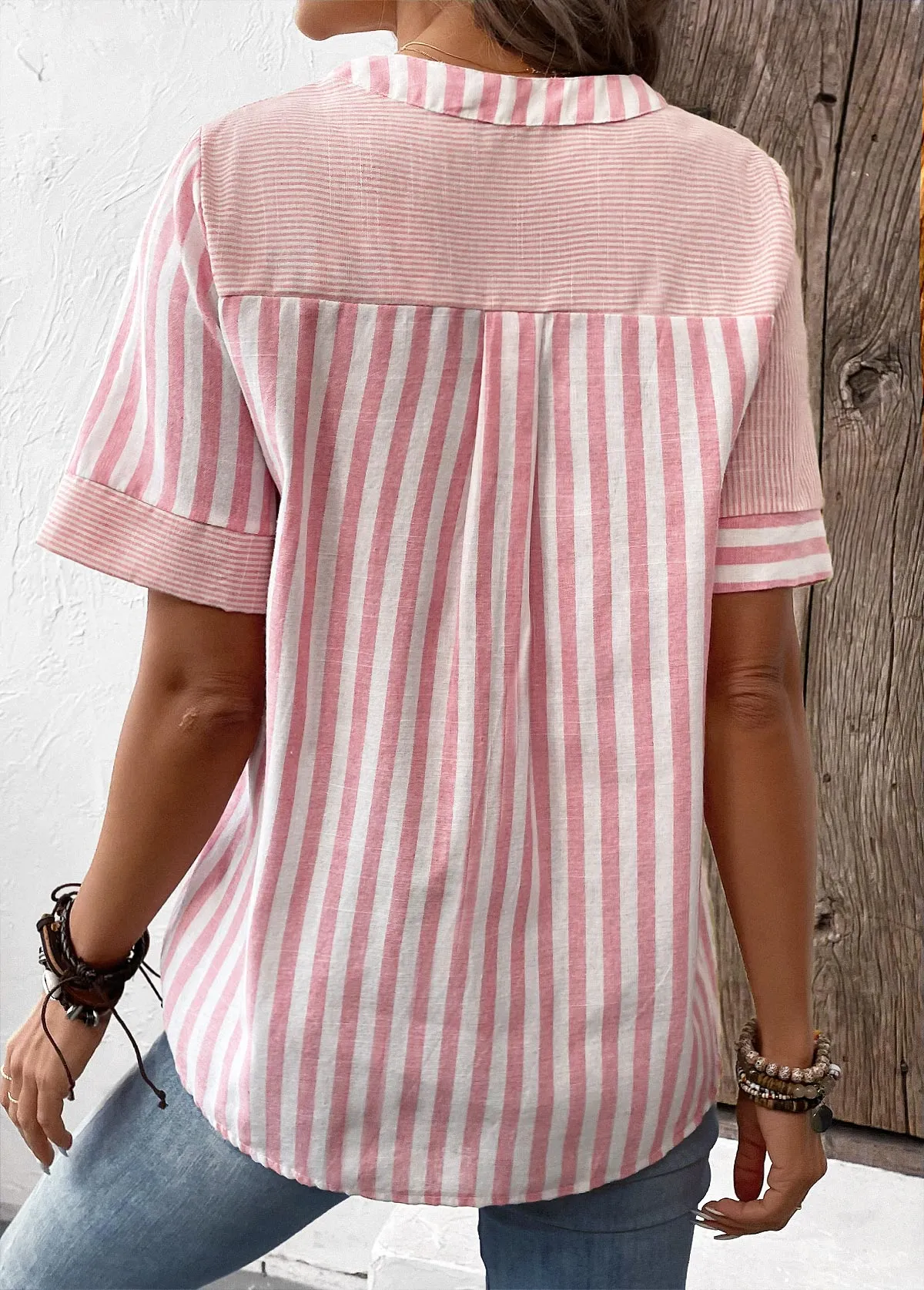 New Pink Patchwork Striped Short Sleeve Split Neck Blouse Linen like material, Sz 2X Retails $45  (Copy)