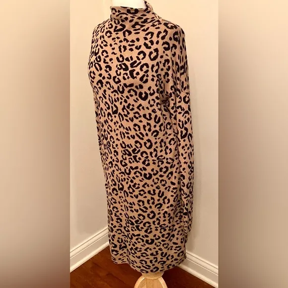 Nicole Miller Tan Black Animal Print Mock Turtleneck Dolman Sleeve Knit Dress XL
