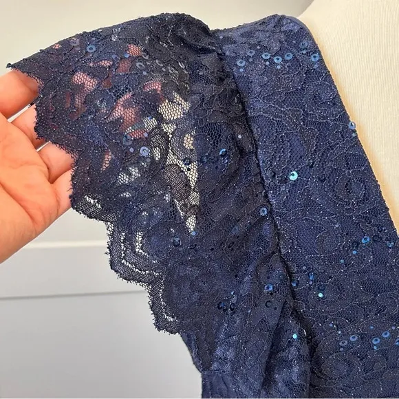 NightWay All Over Lace &amp; Sequined Sheath Blue Dress Size 10