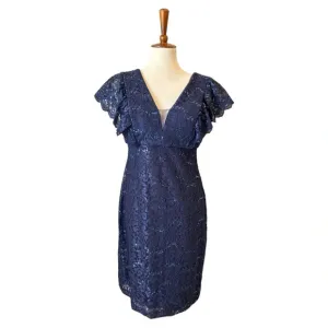 NightWay All Over Lace &amp; Sequined Sheath Blue Dress Size 10