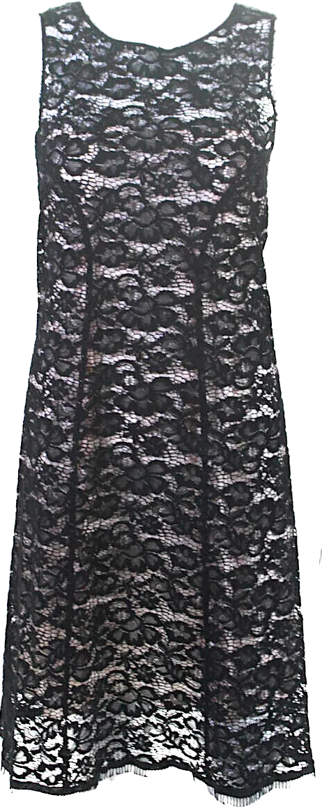 Nina Ricci Paris. Black/Neutral Lined Back Zip Sleeveless Lace Overlay Sheath Dress