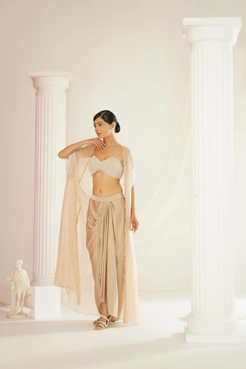 Nude Embellished Blouse, Dhoti And Cape