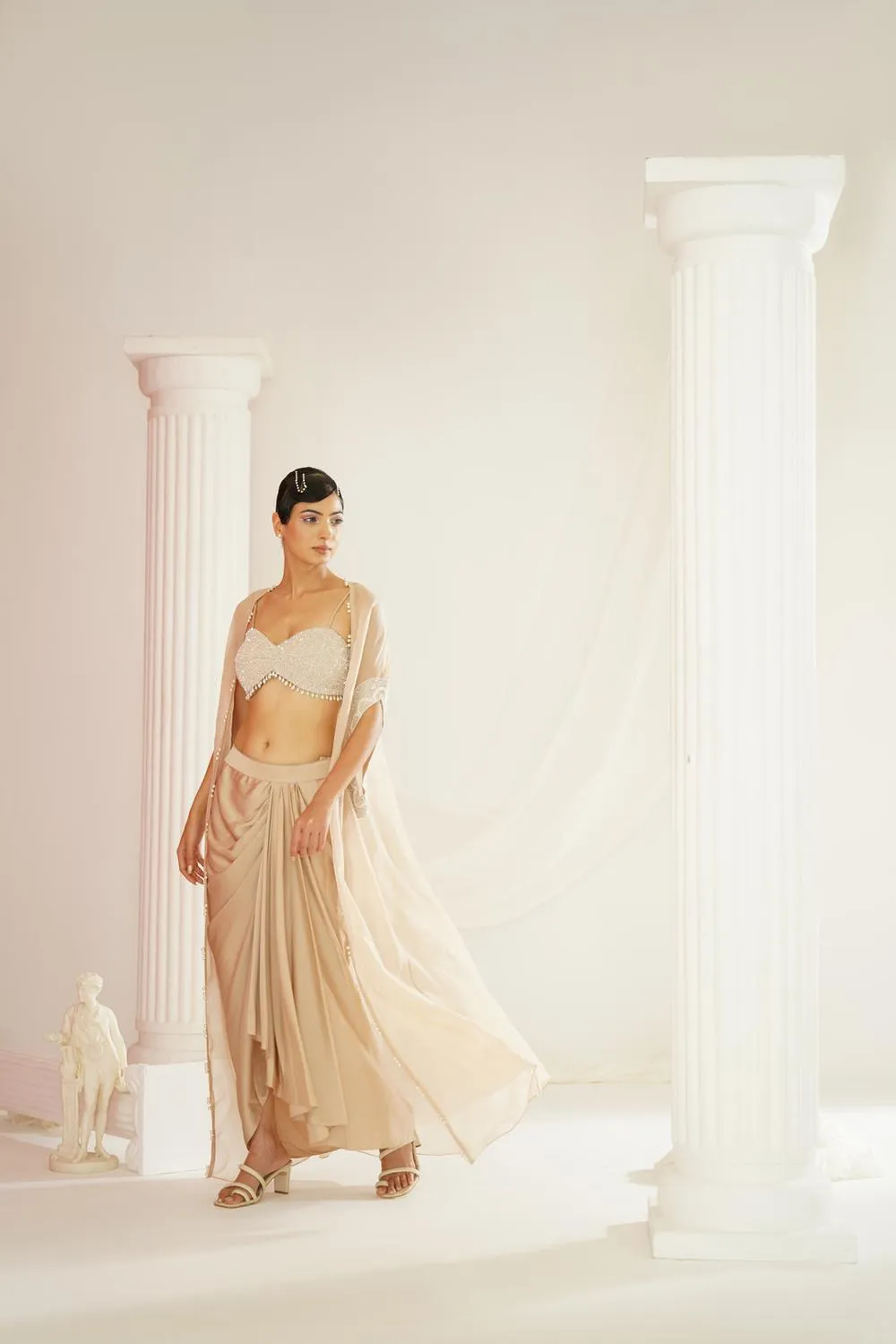 Nude Embellished Blouse, Dhoti And Cape
