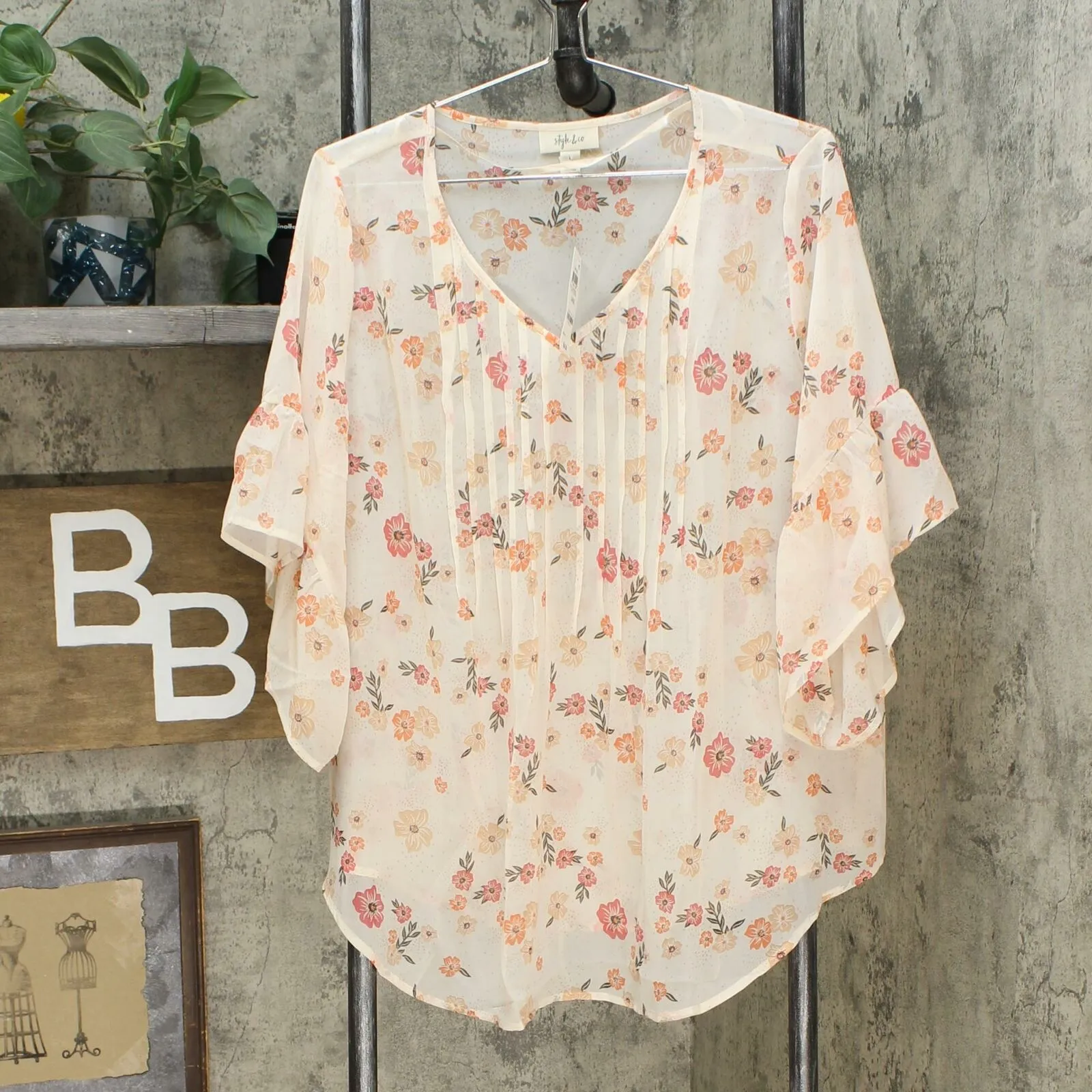NWT Style & Co Womens Sheer Pintuck Floral-Print Blouse. 100092736MS Large