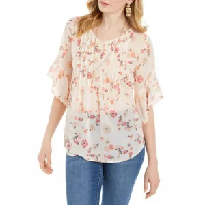 NWT Style & Co Womens Sheer Pintuck Floral-Print Blouse. 100092736MS Large