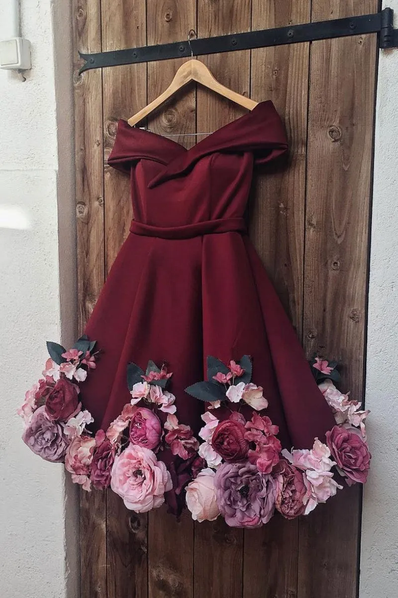 Off Shoulder 3D Flowers Burgundy Homecoming Dresses Short Prom Dresses with Appliques, Off Shoulder Burgundy Graduation Dresses, Formal Dresses