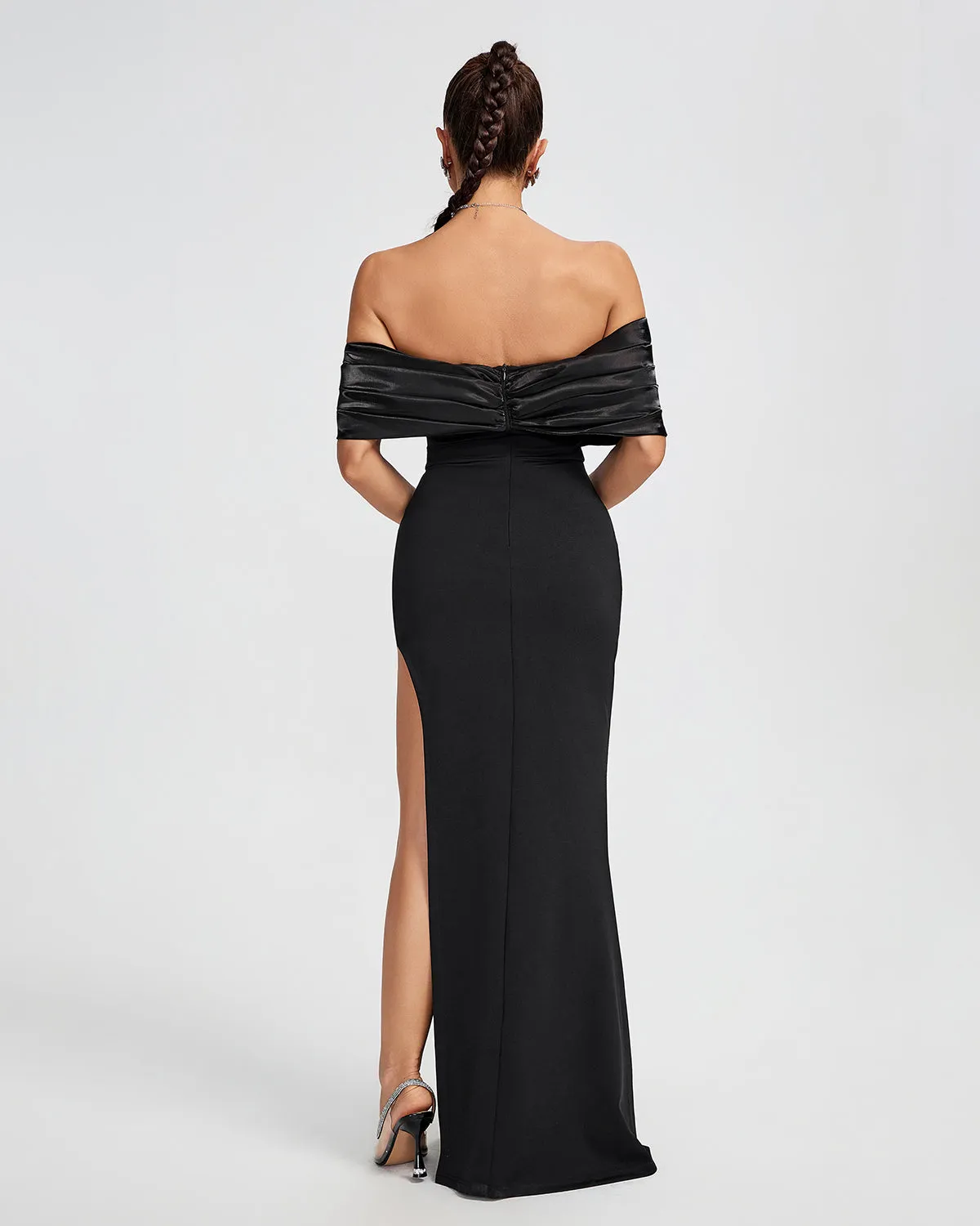 Off Shoulder Crepe Ruffle Maxi Dress