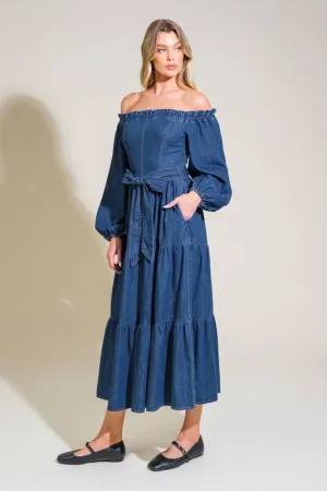 Off Shoulder Denim Midi Dress