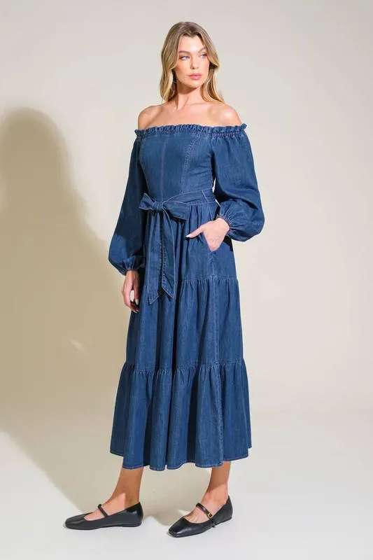 Off Shoulder Denim Midi Dress